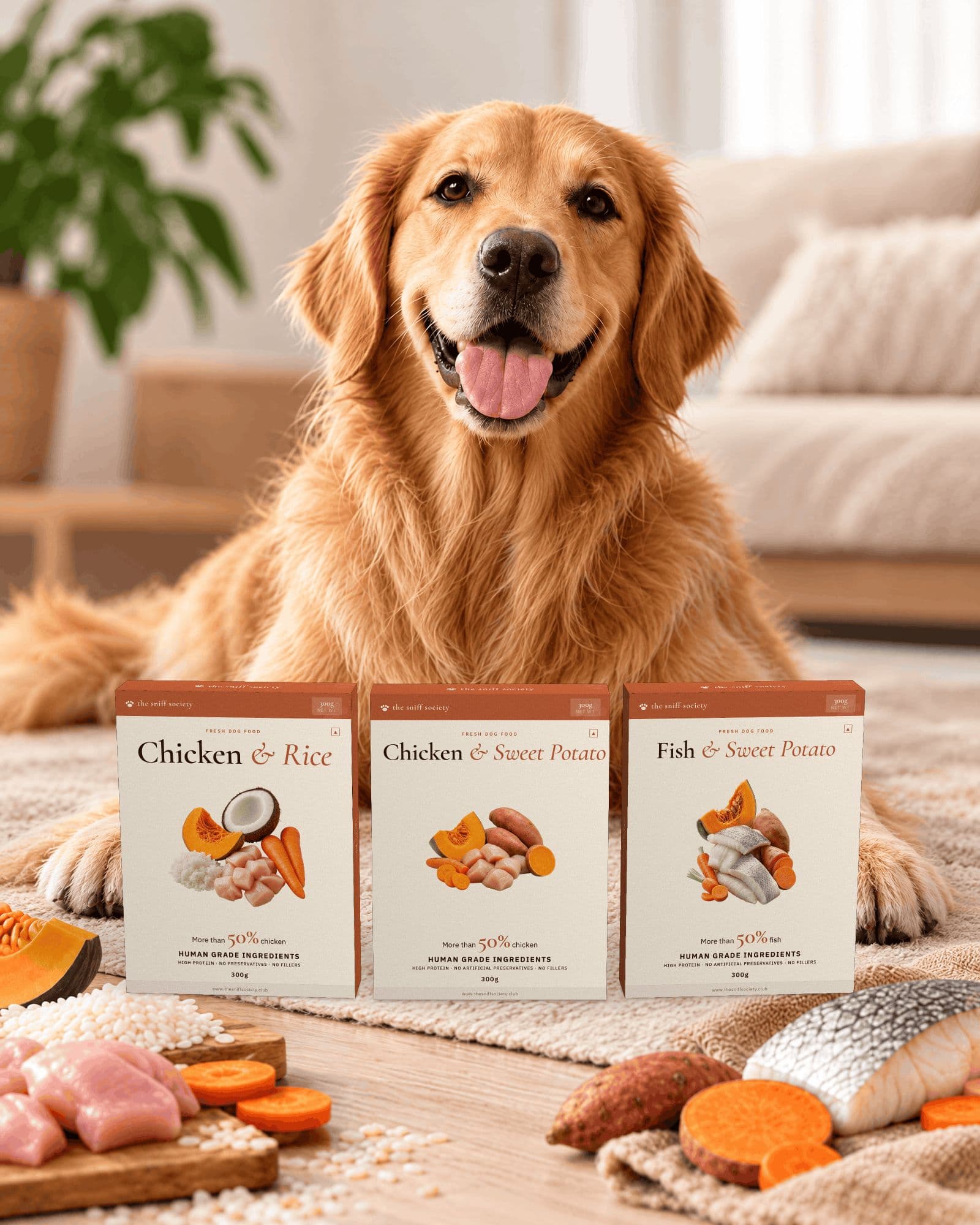 A golden retriever sitting behind the three sniff society recipe boxes: Chicken with Rice, Chicken with Sweet Potato and Fish with Sweet Potato